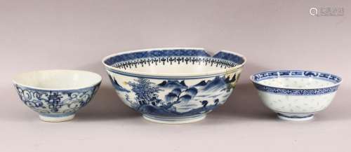 THREE CHINESE BLUE AND WHITE BOWLS, comprising two rice bowl...