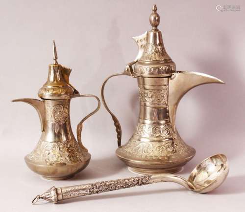 TWO INDIAN DALLAH WHITE METAL COFFEE POTS & LADLE - The ...
