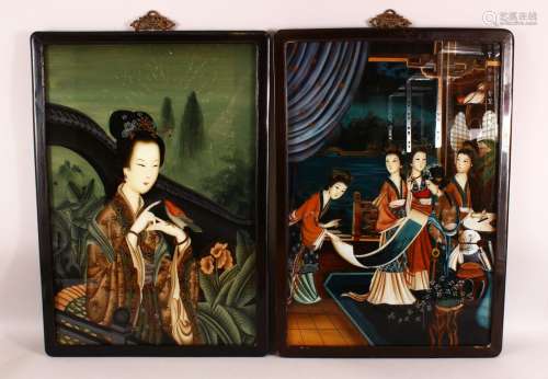 A PAIR OF CHINESE REVERSE PAINTED GLASS PAINTINGS - each dep...