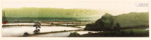 A CHINESE PAINTING OF A LANDSCAPE - the watercolour depictin...
