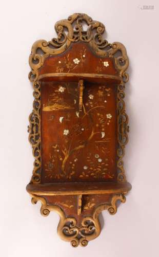 A CARVED WOOD & LACQUER CHINESE WALL SHELF UNIT, with tw...