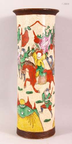 A CHINESE FAMILLE ROSE CRACKLE WARE PORCELAIN SLEEVE VASE - ...