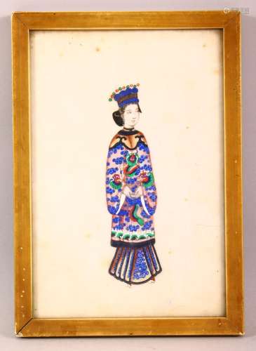 A 19TH CENTURY CHINESE RICE PAPER PAINTING OF A FEMALE FIGUR...