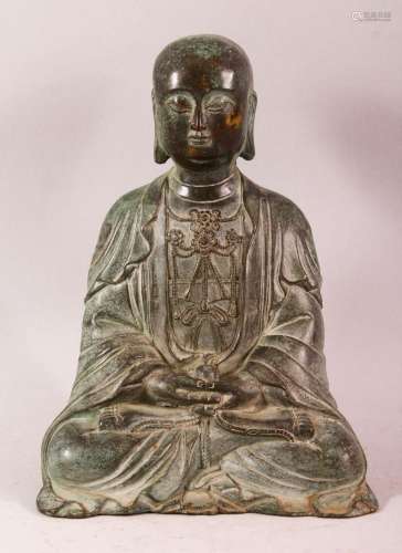 A CHINESE SEATED BRONZE FIGURE OF BUDDHA, 25CM HIGH