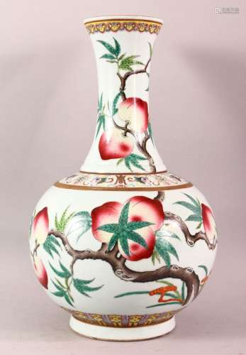 A CHINESE FAMILLE ROSE PORCELAIN PEACH VASE, the body painte...