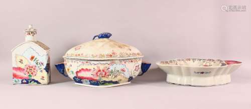 A CHINESE FAMILLE ROSE TWO HANDLED PORCELAIN SERVING DISH AN...