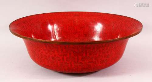 A LARGE CHINESE RED GROUND CLOISONNE BOWL, 38cm diameter, 12...