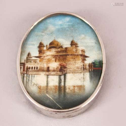 A SIKH SCHOOL OVAL MINIATURE PAINTING of The Golden Temple, ...