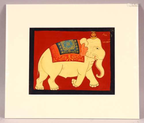 A 20TH CENTURY PAINTING OF AN ELEPHANT, mounted, unframed, 2...