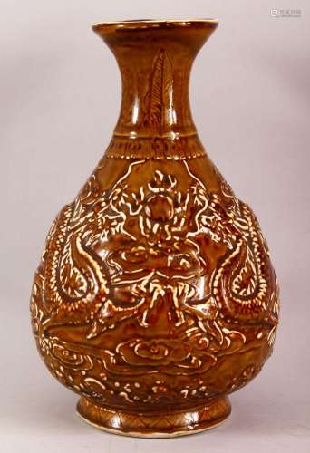 A LARGE CHINESE BROWN GLAZED POTTERY DRAGON VASE, decorated ...