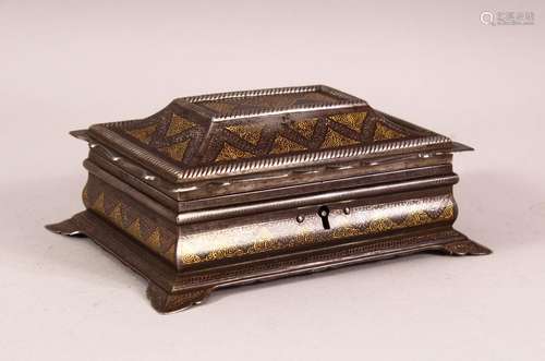 A SMALL ISLAMIC KOFTAGARI STEEL BOX, the box with hinged lid...