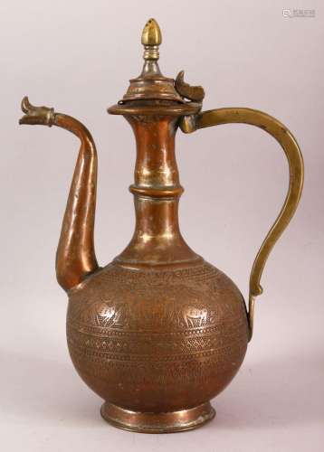 AN ISLAMIC BRONZE EWER, with hinged lid and engraved decorat...