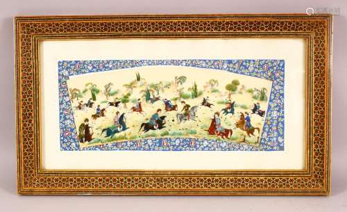A PERSIAN HAND PAINTED HUNTING SCENE ON BONE SLITHER, contai...