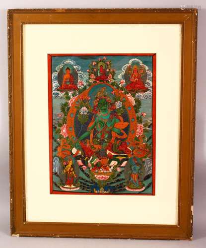 A FRAMED TIBETAN HAND PAINTED THANGKA / PANEL, depicting var...