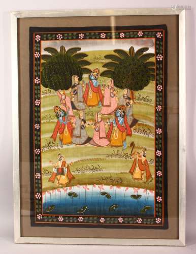 A HAND PAINTED INDIAN SILK PANEL / PICHWAI, depicting three ...