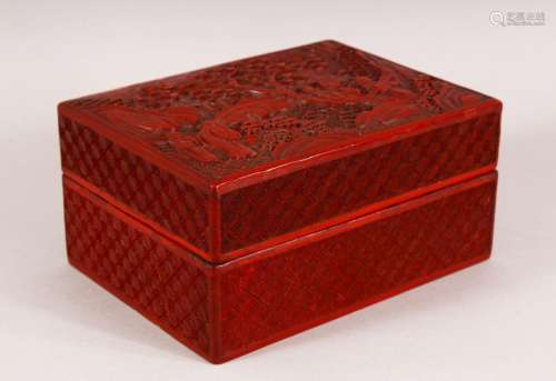 A CHINESE CINNABAR LACQUER LIDDED BOX, decorated with scenes...
