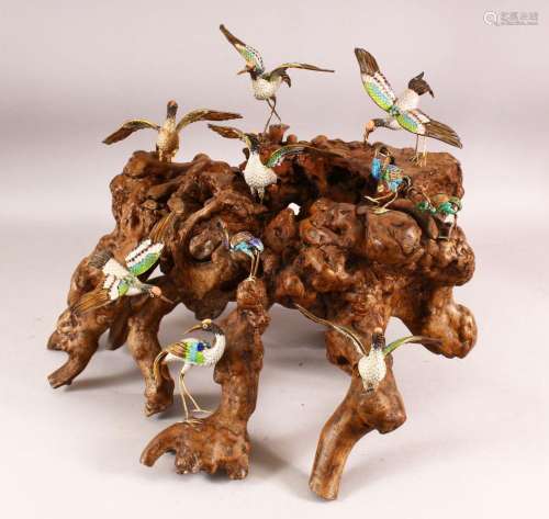 A LARGE 19TH / 20TH CENTURY CHINESE CLOISONNE BIRDS ON ROOT ...