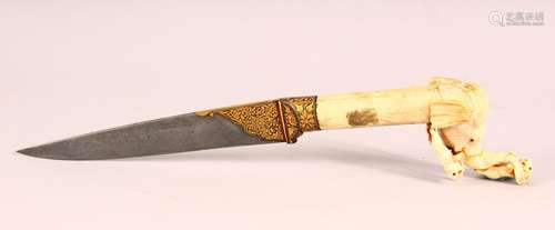 A GOOD INDIAN CARVED BONE & INLAID WATERED STEEL DAGGER,...