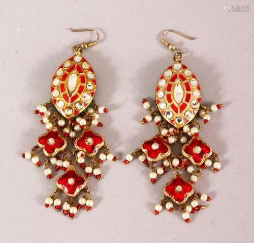 A PAIR OF PERSIAN QAJAR ENAMELLED EARRINGS, inset with semi ...