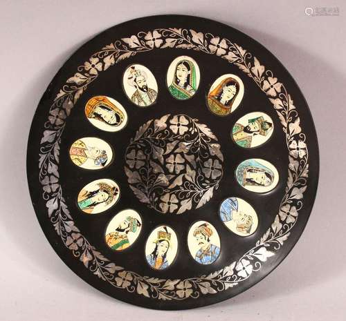 A BIDRI STYLE METAL DISH INSET WITH IVORY MINIATURE PORTRAIT...