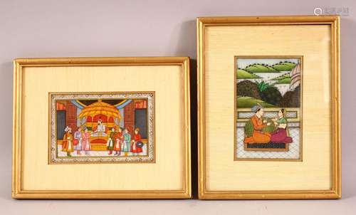 TWO GOOD FRAMED INDIAN MINIATURE PAINTINGS ON ALABASTER, one...