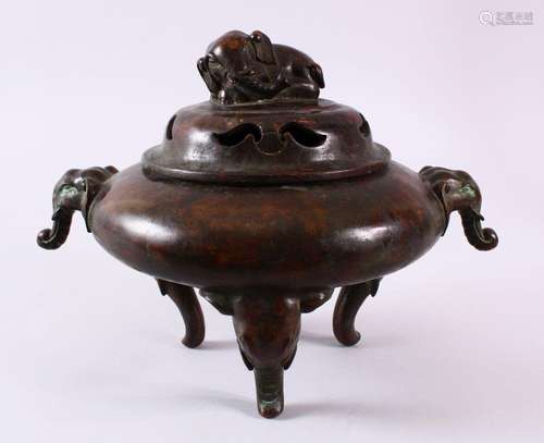 A VERY HEAVY CHINESE BRONZE TWIN ELEPHANT HANDLE INCENSE BUR...