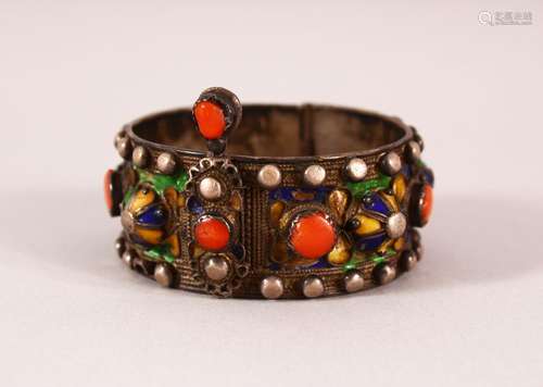 AN 19TH CENTURY MOROCCAN KABIL ENAMELLED SILVER BRACELET, in...