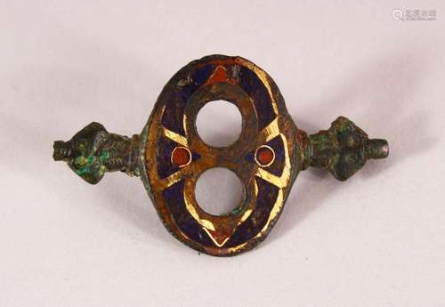 A RARE BYZANTINE OR POSSIBLY VIKING ENAMELLED BRONZE BELT BU...