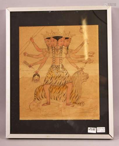A 19TH CENTURY INDIAN PAINTING ON PAPER OF KALI sat upon a t...