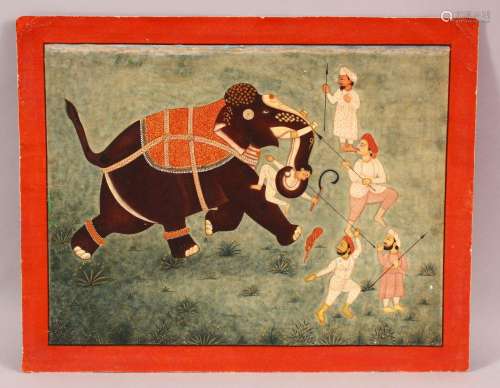 A FINE 19TH CENTURY LARGE INDIAN MINIATURE PAINTING OF MEN F...