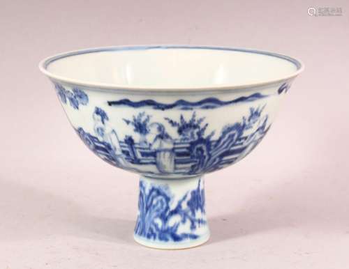 A CHINESE BLUE & WHITE PORCELAIN STEM BOWL - decorated w...