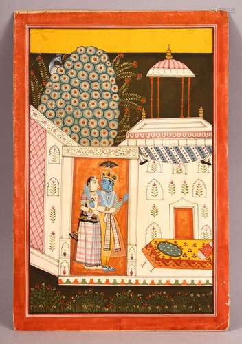 A GOOD INDIAN MINIATURE PAINTING OF KRISHNA AND RADHA, unfra...