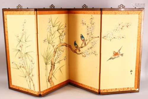 A CHINESE SILK PAINTED FOUR FOLD TABLE SCREEN - painted on s...