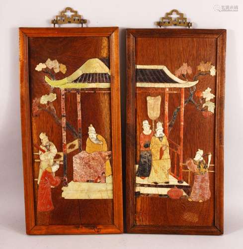 A PAIR OF 20TH CENTURY CHINESE CARVED INLAID HARD STONE PANE...