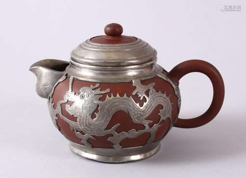 A CHINESE YIXING CLAY & WHITE METAL DRAGON TEAPOT, The b...