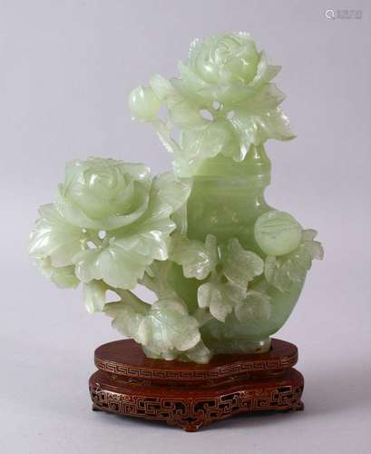 A CHINESE CARVED GREEN JADE FLORAL VASE, COVER & STAND, ...