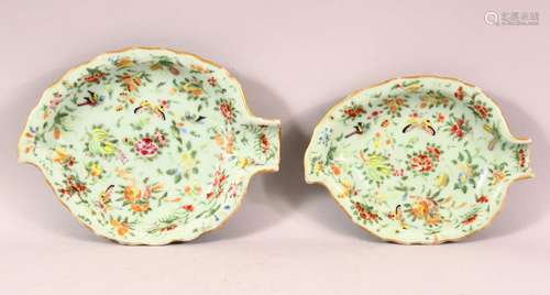 TWO 19TH CENTURY CHINESE CANTON FAMILLE ROSE CELADON LEAF DI...