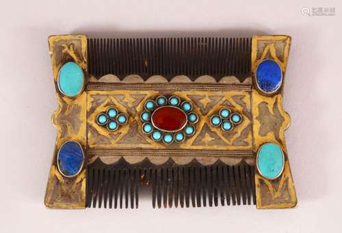 A TURKMAN INLAID COMB - inlaid with semi precious stones inc...