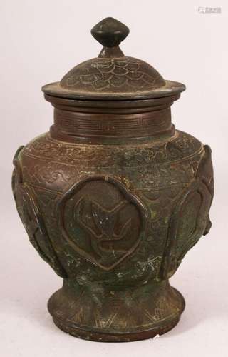 A 19TH / 20TH CENTURY CHINESE BRONZE VASE & COVER, with ...