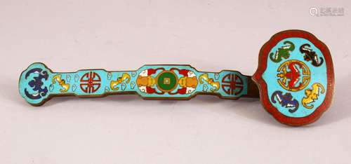 A CHINESE CLOISONNE RUYI SCEPTER, decorated with bats and lo...