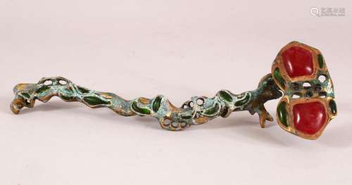 A CHINESE INLAID BRONZE RUYI SCEPTER - inlaid with semi prec...