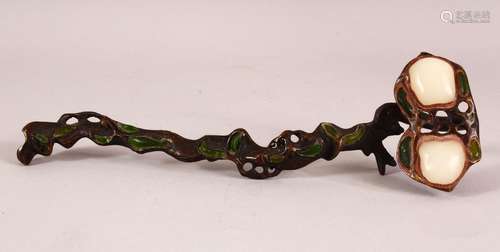 A CHINESE INLAID BRONZE RUYI SCEPTER - inlaid with semi prec...