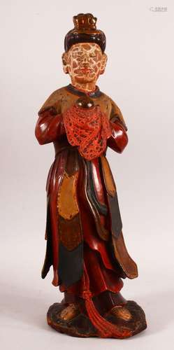 A CHINESE CARVED WOOD & LACQUER FIGURE OF A FIGURE - 42c...