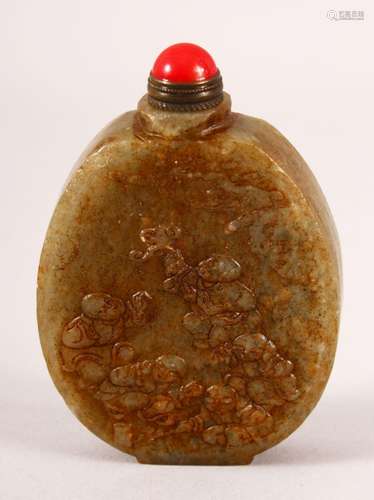 A CHINESE CARVED JADE SNUFF BOTTLE - carved with boys and fu...