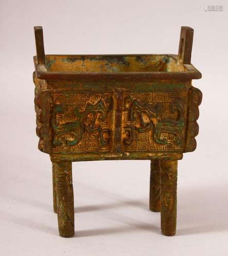 A CHINESE ARCHAIC STYLE TWIN HANDLE CENSER & STAND - wit...