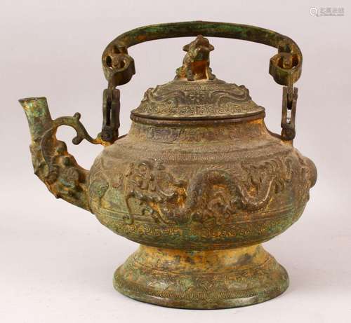 A LARGE & HEAVY CHINESE / TIBET BRONZE RELIEF TEA POT &a...