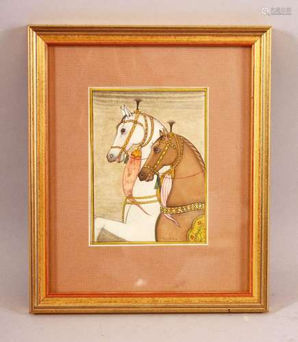 A SMALL SIGNED INDIAN MINIATURE PAINTING - depicting two hor...