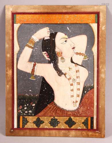 A 19TH CENTURY INDIAN PAINTING OF A LADY, unframed, 24cm x 1...