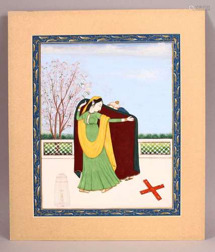 A GOOD INDIAN MINIATURE PAINTING OF A LADY HIDING HER LOVER,...