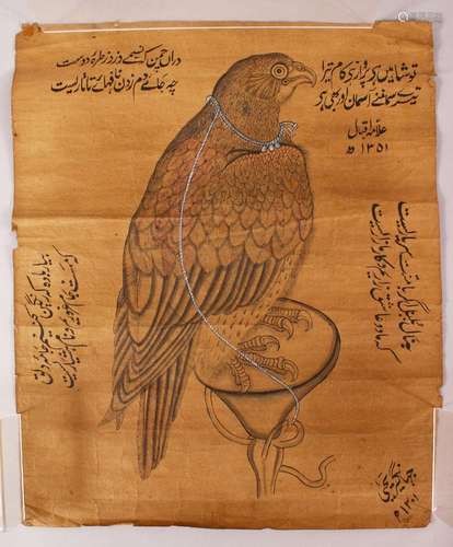 A FINE LARGE INDO PERSIAN INSCRIBED DRAWING OF A FALCON, unf...